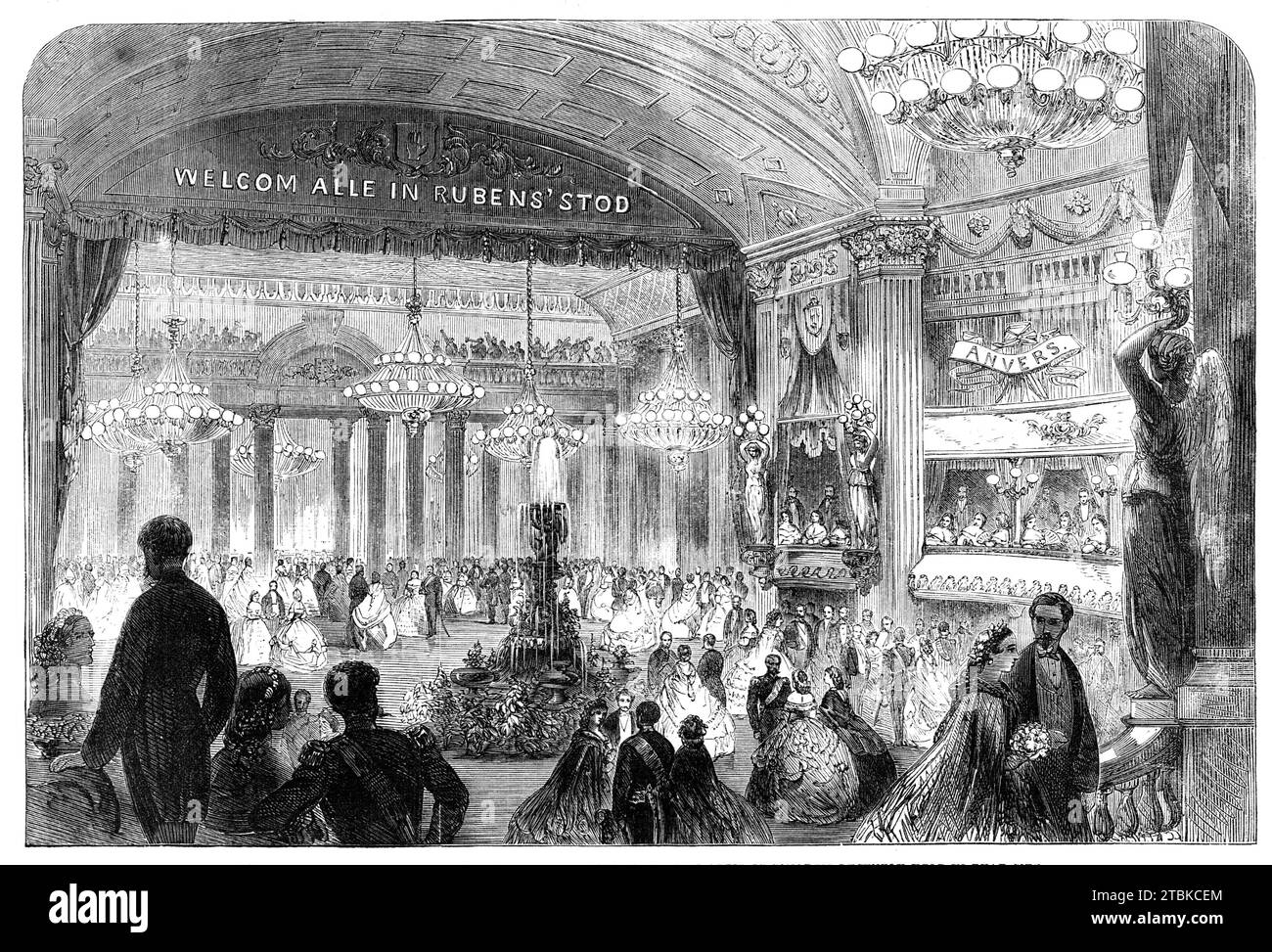 Ball im Theater Antwerpen anlässlich des Kunstkongresses, der vor kurzem in der Stadt 1861 stattfand. "Unser Künstler schickt uns eine Zeichnung des Innenraums des Th&#xe9;t&#xe9;t&#xe9;s in Antwerpen... der Zuschauerbereich war prächtig mit Blumen, Statuen und Fahnen geschmückt, die von der Decke hängend waren... der Bühnenteil des Saals war mit Spalieren, Pilastern, und Blumentafeln... am Montag, als die Tische (nach dem Bankett) entfernt wurden, wurde dieser großzügige Salon in einen Ballsaal verwandelt, mit einigen neuen Dekorationen, einschließlich eines Springbrunnens, umgeben von Flüssen Stockfoto