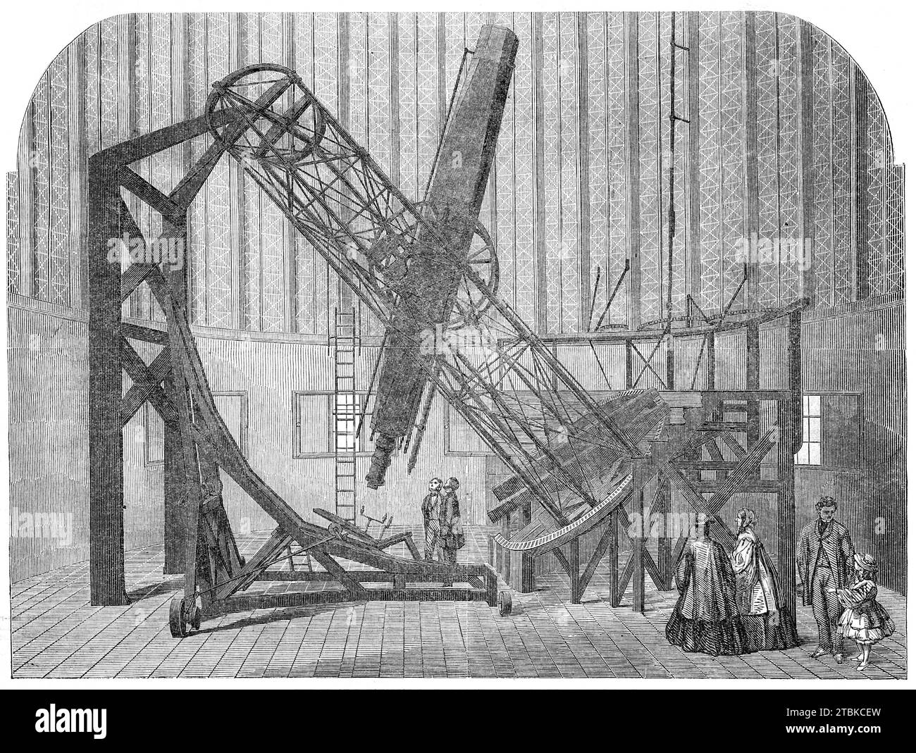 The Great Äquatorial of the Royal Observatory, Greenwich, 1861. "Dieses prächtige Instrument... wurde vom Astronomen Royal, G. B. Airy, Esq. Entworfen; und seine Pläne wurden von den Herren Ransomes und Sims von Ipswich durchgeführt, denen die gesamte Arbeit der Ingenieure nicht vertraut war; Mr. Simms, von der Fleet-Street, lieferte die optischen Teile... das Objektschlas... wurde von den Herren Merz und Söhne von München eingerichtet... die Teleskopröhre ist aus Mahagoni... für astronomische Beobachtungen ist es absolut notwendig, dass die Position des Beobachters einfach und bequem ist. Zu diesem Zweck das Instrument Stockfoto