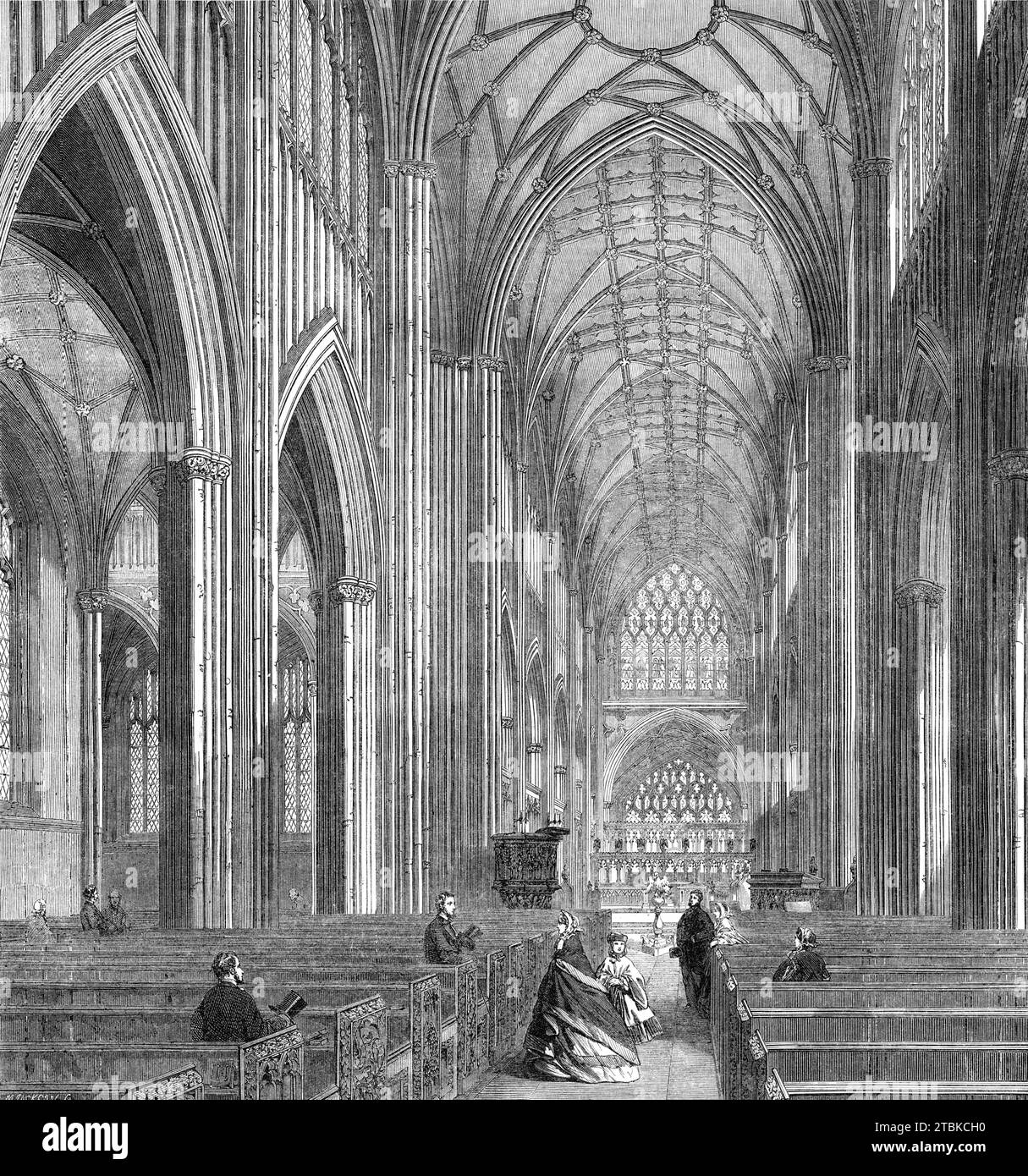 St. Mary Redcliff, Bristol, wird unter der Leitung von Mr. G. Godwin, Architekt, 1861 restauriert. "Am Pfingstsonntag wurde die Leinwand, die seit einiger Zeit nicht mehr zu sehen war, abgenommen, und die Gemeindemitglieder konnten das restaurierte Innere und drei neue Buntglasfenster sehen, die als Gedenkstätten errichtet wurden. Das östliche Fenster der Lady Chapel... erinnert an den verstorbenen Stadtrat Thomas Lucas von Bristol und ist eines der besten Werke von Mr. Wailes von Newcastle... die Wirkung oder das Innere dieser edlen Kirche, wie man von unserem beurteilen kann Stockfoto
