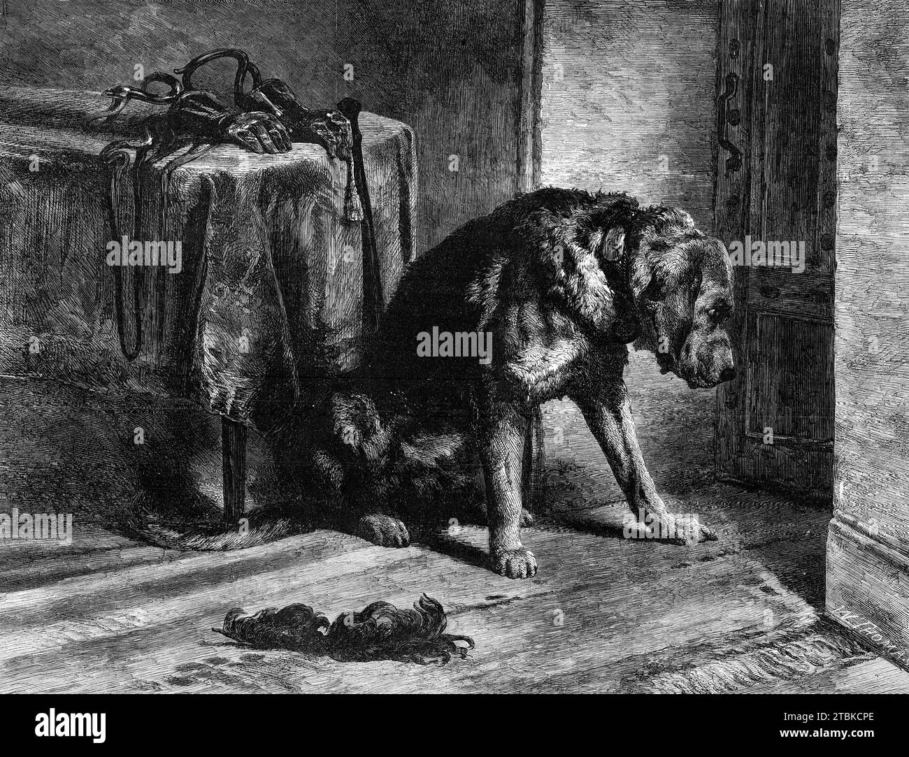 Suspense, von E. Landseer, R.A., im South Kensington Museum, 1861. Gravur von einem Gemälde. "Dieses Bild, bewundernswert als Exemplar der Hundemalerei - ein Kunstzweig, in dem Sir E. Landseer unter den zeitgenössischen Malern keinen Rivalen hat - ist auch für die geniale Art und Weise bemerkenswert, in der es auf die Phantasie, und mit all seiner leisen Einfachheit, um einen tragischen Vorfall vorzuschlagen. Ein edler Bluthund wird dargestellt, der an einer verschlossenen Tür auf die Rückkehr seines Herrn, eines Ritters aus alter Zeit, zusieht, der nach einer blutigen Begegnung mit einem schrecklichen Feind hau geworden ist Stockfoto