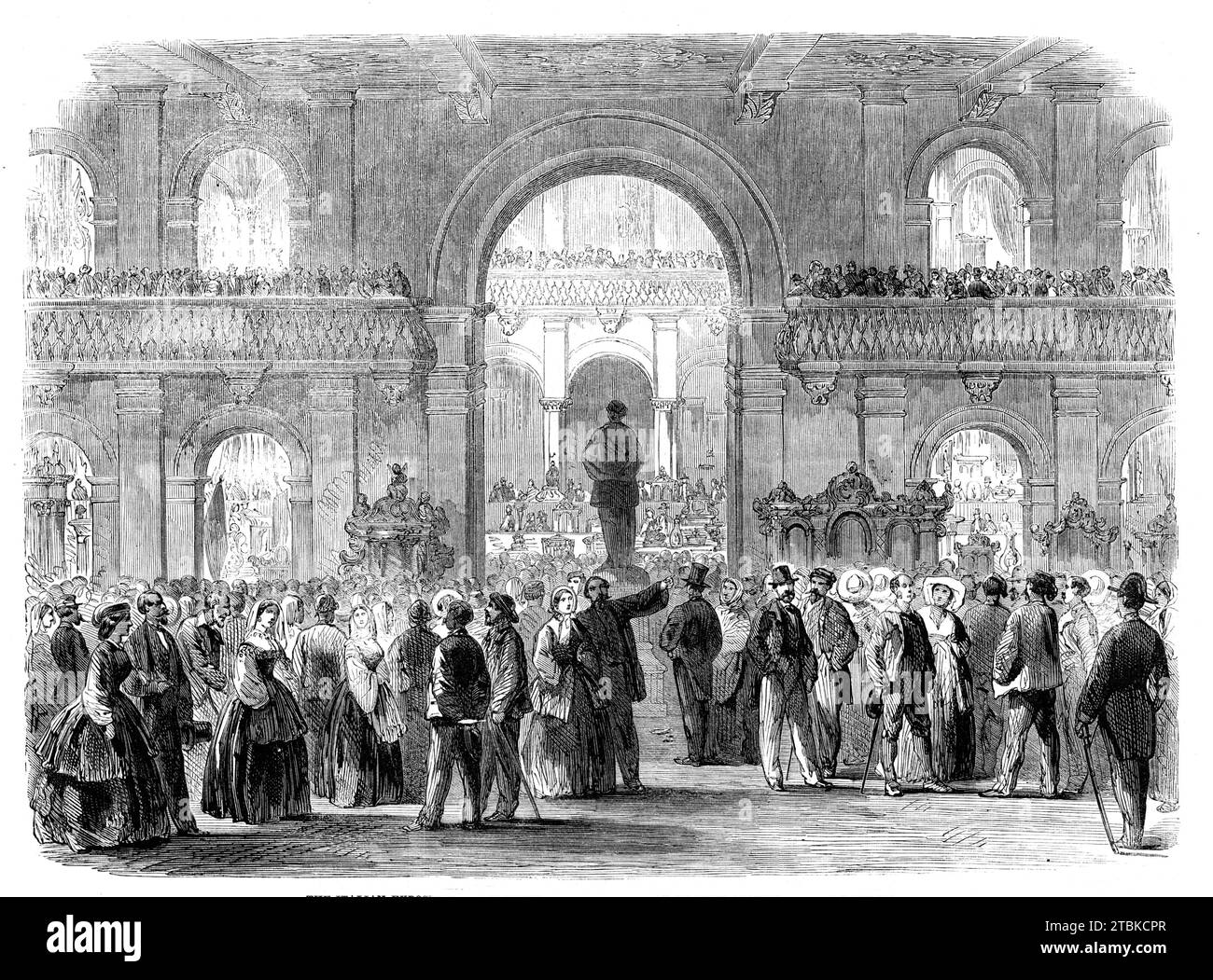 Die italienische Ausstellung in Florenz am ersten Tag des freien Eintritts, 1861. Menschenmassen bei einer kulturellen Veranstaltung. Aus Illustrated London News, 1861. Stockfoto