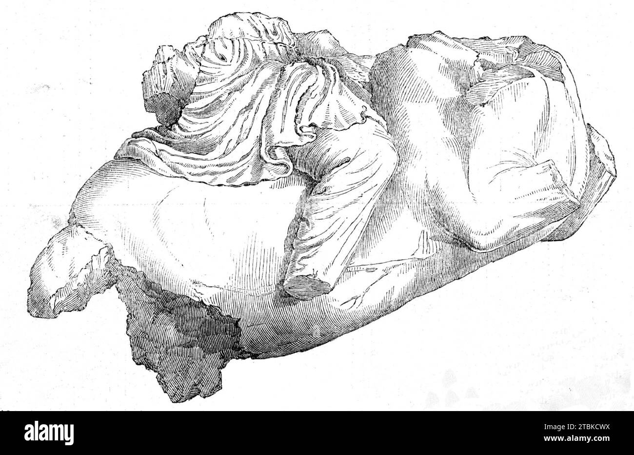 Überreste (angeblich) eines Amazon, 1861. '...fragment von einer Pferdefigur, von Mr. Newton als eine Amazonasfigur bezeichnet. Der Fahrer trägt eine kurze Tunika und Anaxyride. oder Hosen - ein Kostüm, das in griechischen Vasenmalereien normalerweise Amazonen gegeben wird... diese Figur ist ein bewundernswertes Exemplar der reinsten und informiertesten griechischen Kunst, mit Recht, in die gleiche Kategorie wie die Pedimentfiguren des Parthenon gestellt zu werden: "der Körper des Tieres, der durch das Zurückwerfen des Gewichts auf die Hallen in der Aufzucht verändert wurde, zeigt eine subtile Beobachtung der anatomischen Struktur Stockfoto