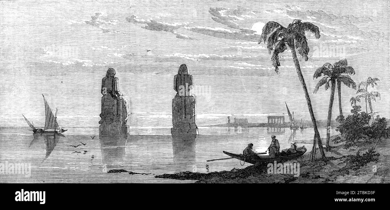 Influsion des Nils: Kolossale Statuen in der Theben-Ebene, 1861. "Die beeindruckenden Überreste dieser berühmten antiken Stadt, lange Hauptstadt Ägyptens, erstrecken sich über sieben Meilen an beiden Ufern des Nils, in Oberägypten, und präsentieren eine imposante Sammlung von antiken Denkmälern... [hier gezeigt] zwei riesige sitzende kolosse, von denen einer der gefeierte Memnon war... Ägypten schuldet, bekanntlich ist seine Existenz als produktive und bewohnbare Region bis zum Nil, deren periodische Überströmungen in anderen Ländern mehr als nur dem Zweck des Regens dienen; und dementsprechend in alten Zeiten die Vorteile Stockfoto