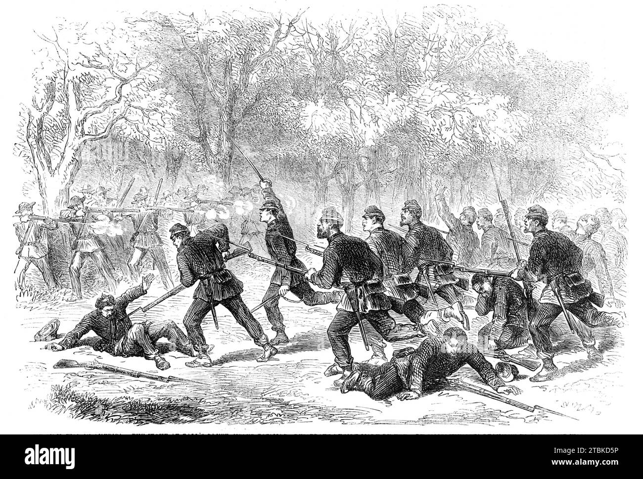 The Civil war in America: The Fight at Ball's Bluff, Upper Potomac - verzweifelte Bemühungen des 15. Massachusetts Regiments, die Wälder durch eine Bajonettladung zu räumen - nach einem Entwurf unseres Künstlers, 1861. "Die ganze Affäre scheint schlecht geplant zu sein, und sie trägt zu den schweren Fehlern bei, die die Bundeskommandanten begangen haben. Es ist kaum glaubwürdig, dass 1800 Männer angesichts eines am stärksten entsandten Feindes über einen Fluss geschickt und ununterstützt gelassen wurden, als 30.000 der Division, zu der sie gehörten, im Schall ihrer Gewehre waren. Die kleine Leiche kämpfte jedoch galant Stockfoto