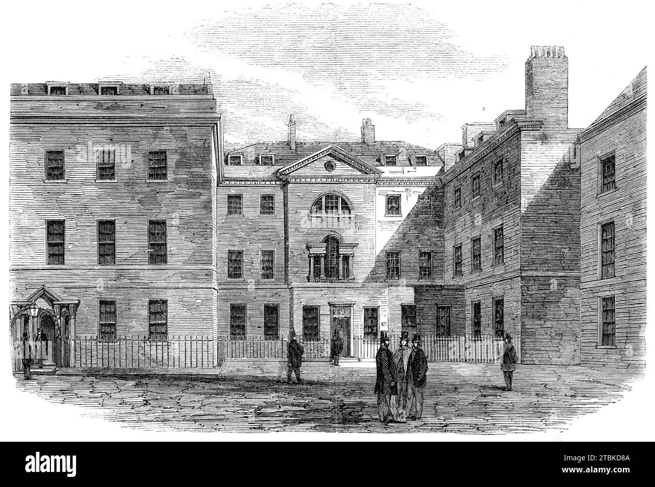 Das alte Außenministerium, Downing-Street, [London], 1861. "Die begleitende Gravur repräsentiert das, was die Vorderansicht des Außenministeriums in der Downing-Street war, das sich jetzt im Abriss befindet... es ist nicht notwendig, hier auf die berühmten "Schlachten der Stile" zu verweisen, die von Zeit zu Zeit im Unterhaus stattfanden, und in dem Lord Palmerston so energisch den Italiener oder Palladianer verteidigte (wir haben nie genau verstanden, was) gegen die Befürworter der Gotik. Wir sind der Meinung, dass das zu errichtende Gebäude einem Stil angehört, der im Wesentlichen &q Stockfoto