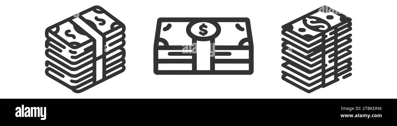 Geld – Bargeld-Symbolsatz, Sammlung, Verpackung. Professionelle, pixelgenaue Symbole, die sowohl für große als auch für kleine Auflösungen optimiert sind. Stock Vektor