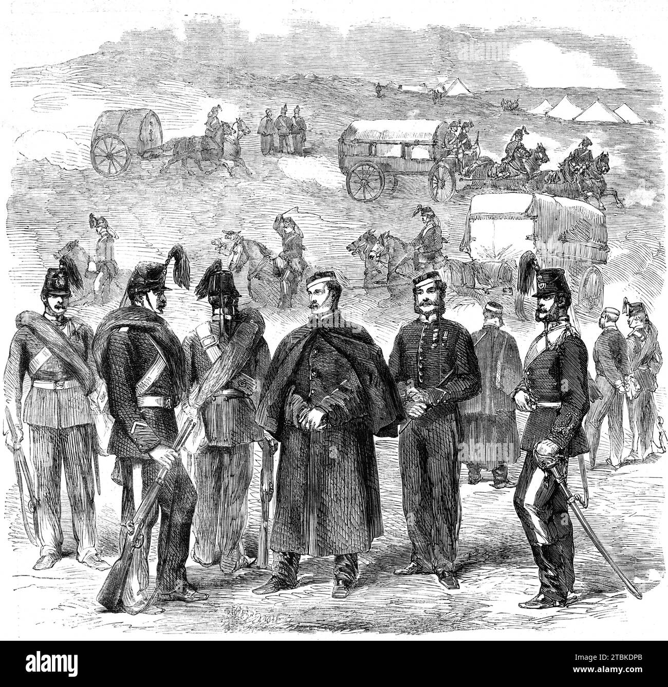 Verstärkungen für Kanada: The Military Train, 1861. "Infolge der Möglichkeit eines Zusammenbruchs zwischen diesem Land und den Bundesstaaten Nordamerikas haben sich die Kriegsbehörden mit außerordentlicher Kraft bemüht, umgehend Verstärkung nach Kanada zu schicken... die folgenden Truppen wurden nach Kanada in Persien befohlen, die Australasier, und die Melbourne, von der die Melbourne gesegelt hat: zwei Bataillone der Infanterie der Linie, zwei Batterien Feldartillerie, eine Kompanie der Royal Engineers. Und wir verstehen, dass Vorkehrungen für die Weiterleitung nach British North getroffen werden Stockfoto