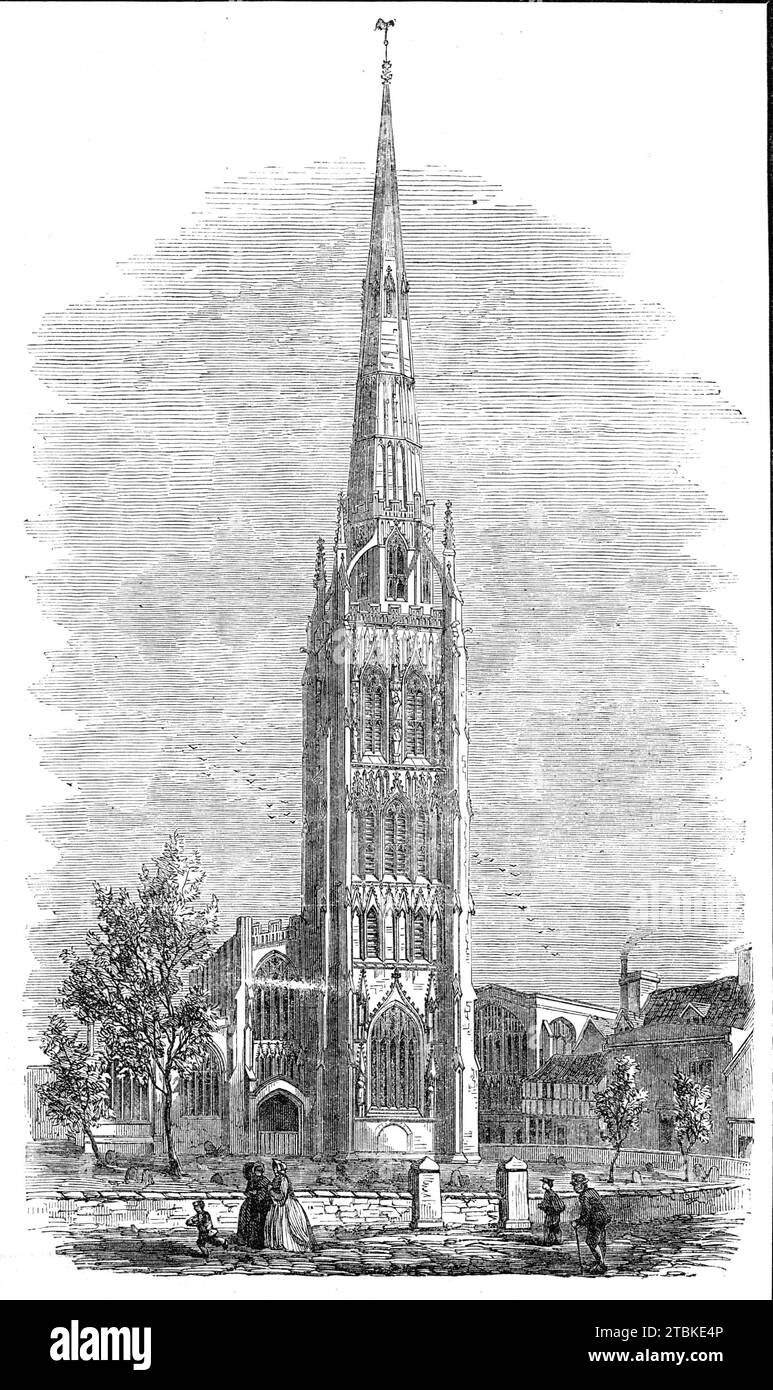 St. Michael's Church, Coventry, 1861. „St. Michael's Church, die in letzter Zeit repariert wurde, ist eine der drei ältesten Kirchen von Coventry: Sie ist sehr bemerkenswert für ihre Schönheit und ihren Reichtum an Ornamenten. Es wurde 1133 unter Heinrich I. gegründet und wurde von Ranulph, Earl of Chester, in der Regierung von Stephan an die Benediktinermönche von Coventry übergeben. Sie wurde 1373 in ihrem heutigen Stil (der Perpendicular) begonnen und 1395 fertiggestellt... die Pracht der Kirche ist der prächtige Kirchturm, der erste seiner Klasse. Er steigt auf eine Höhe von 303 Fuß. Aus der Stockfoto