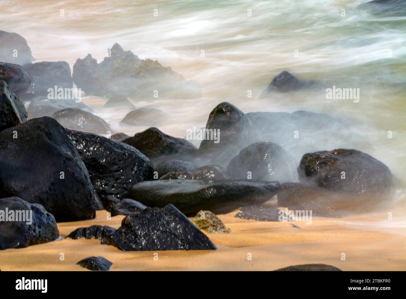 Lavasteine, die in Nebel entlang der Küste auf Kauai, Hawaii, USA, isoliert sind. Stockfoto