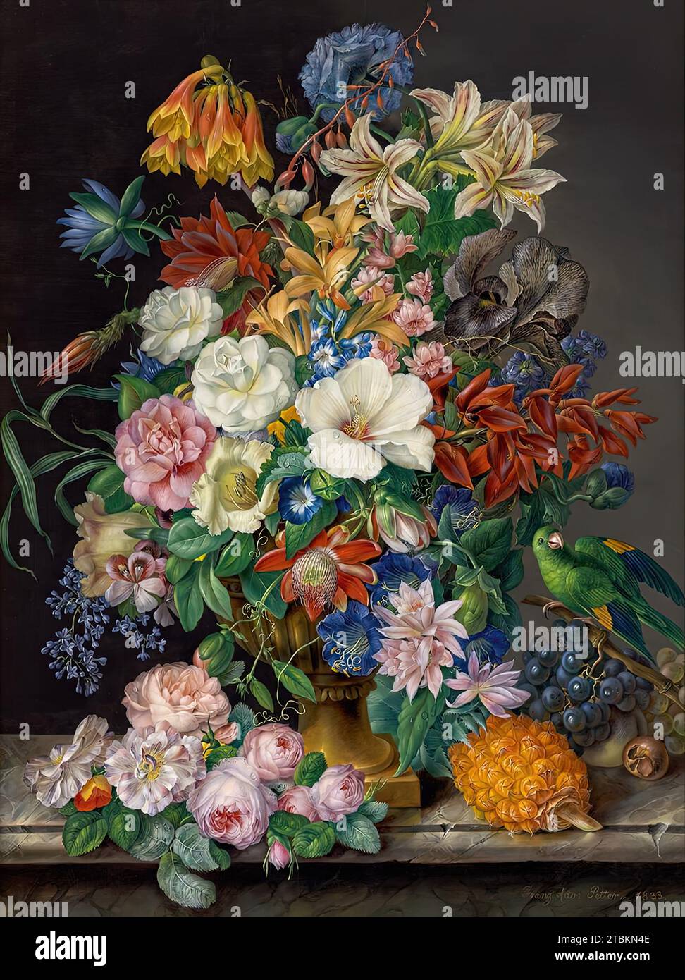 Blumenstück mit Ananas, Trauben und Papagei, 1833. Stockfoto