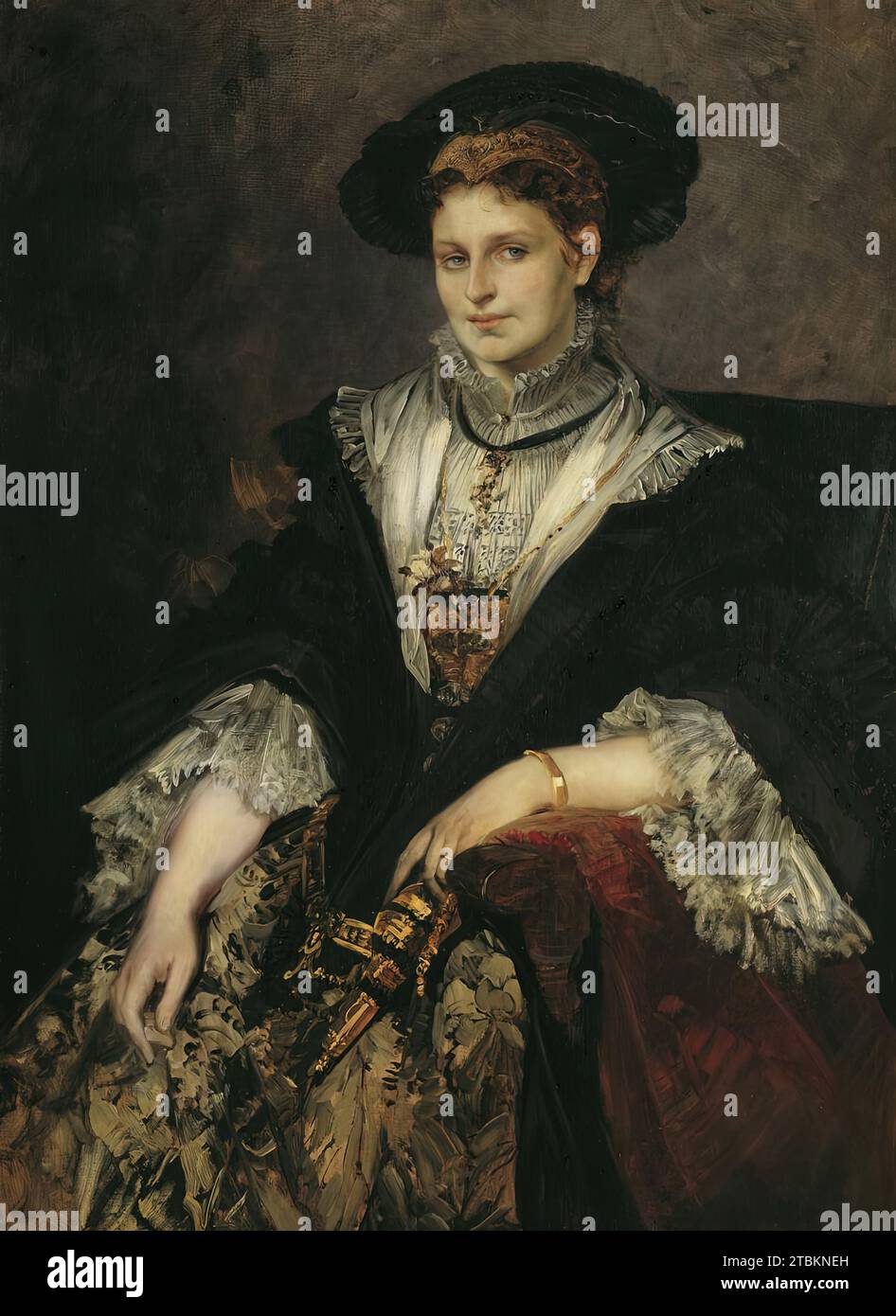 Porträt Bertha von Piloty, 1872-1873. Bertha, geb. Hellermann (1838–1918), war die Ehefrau Karl von Hellys (1826–1886), der berühmte Münchner Historiker und Lehrer von Hans Makart; sie ist in Altmünchners Kostüm dargestellt. Stockfoto