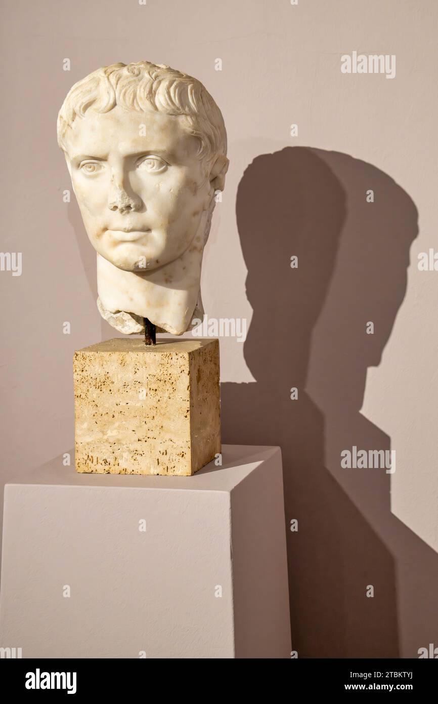 Eine römische Statue wirft einen dramatischen Schatten im University Museum auf dem Campus der University of Mississippi, Ole Miss, in Oxford, Mississippi. Stockfoto