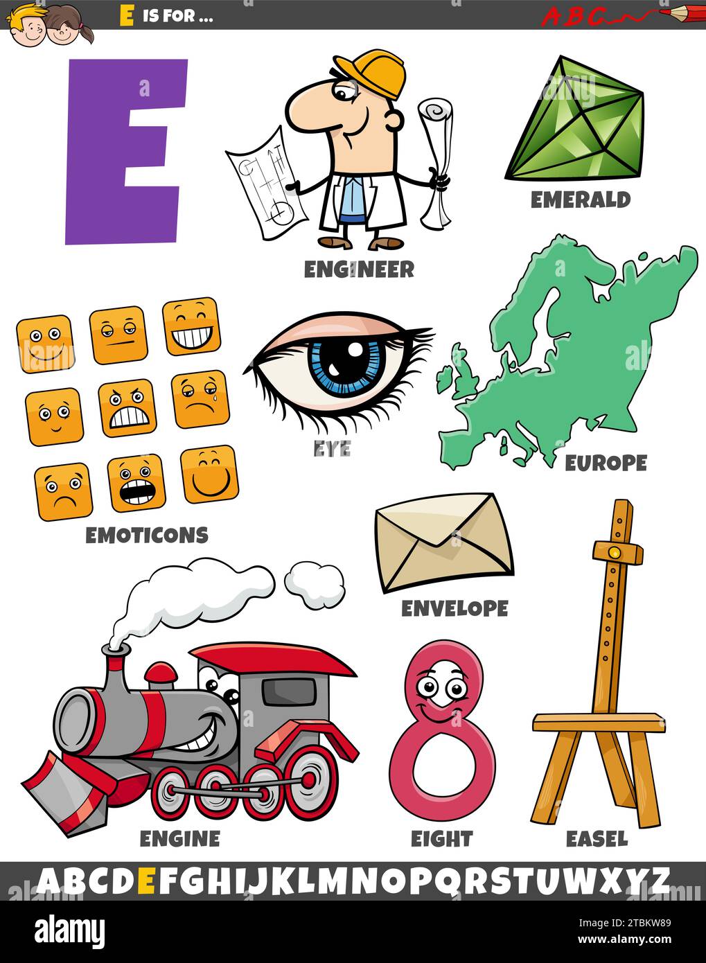 Zeichentrickdarstellung von Objekten und Zeichen für den Buchstaben E Stock Vektor