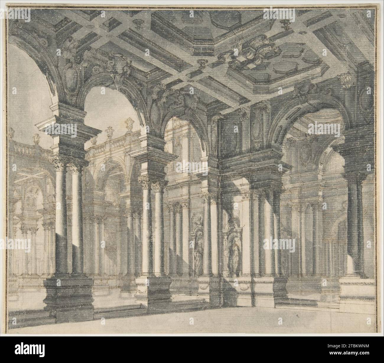 Design für ein Bühnenset mit einem monumentalen Arkadenhof. 1880 von Giuseppe Galli Bibiena Stockfoto