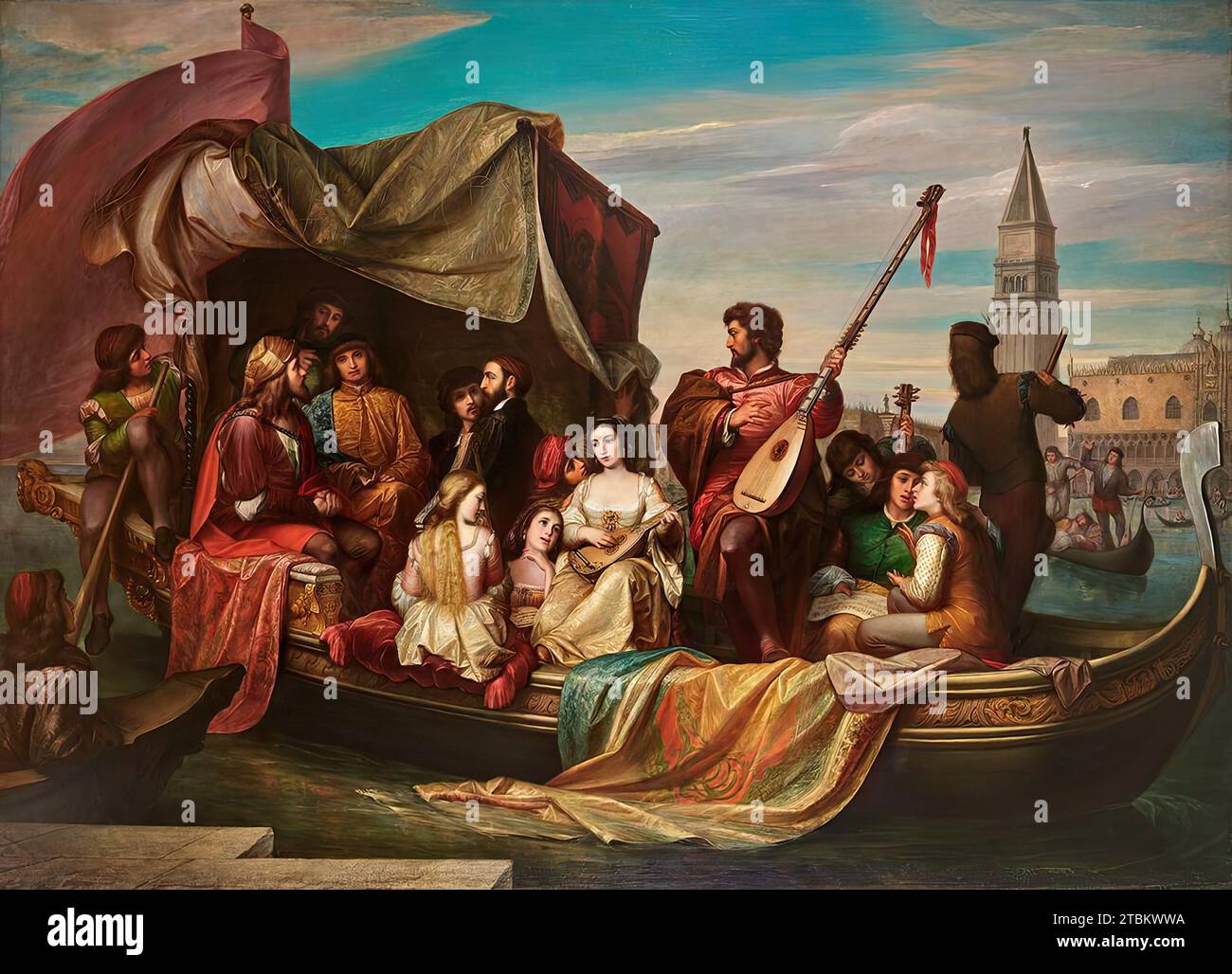 Giovanni Bellini und Albrecht Dürer werden 1856 von venezianischen Künstlern gefeiert. Unter den Fahrgästen in einer Gondel befindet sich Albrecht Dürer (mit Kapuze, Bart und langen Haaren links unter dem Dach). Neben ihm in Gelb ist Giovanni Bellini. In schwarz gegenüber Dürer ist Tizian. Mit diesem inszenierten imaginären Treffen der berühmtesten Maler ihrer Zeit erinnert Jacopo d'Andrea an die herausragende Ära der venezianischen Malerei im 16. Jahrhundert. Im Hintergrund befindet sich das Campanile auf St. Markusplatz und Dogenpalast. Das Gemälde wurde vom österreichischen Kaiserhaus in Auftrag gegeben. Stockfoto