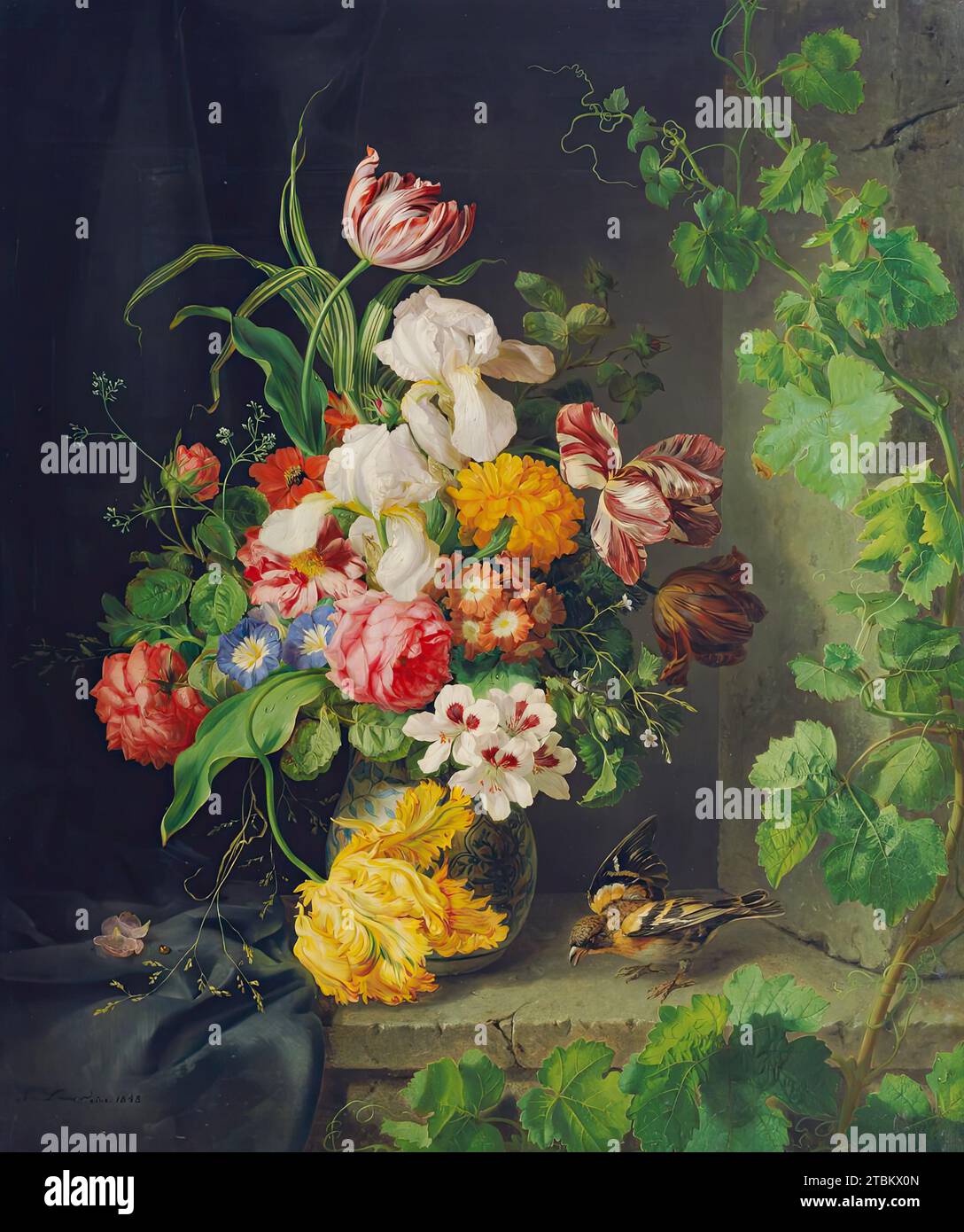 Blumenstillleben mit Spatzen und Weinreben, 1848. Stockfoto
