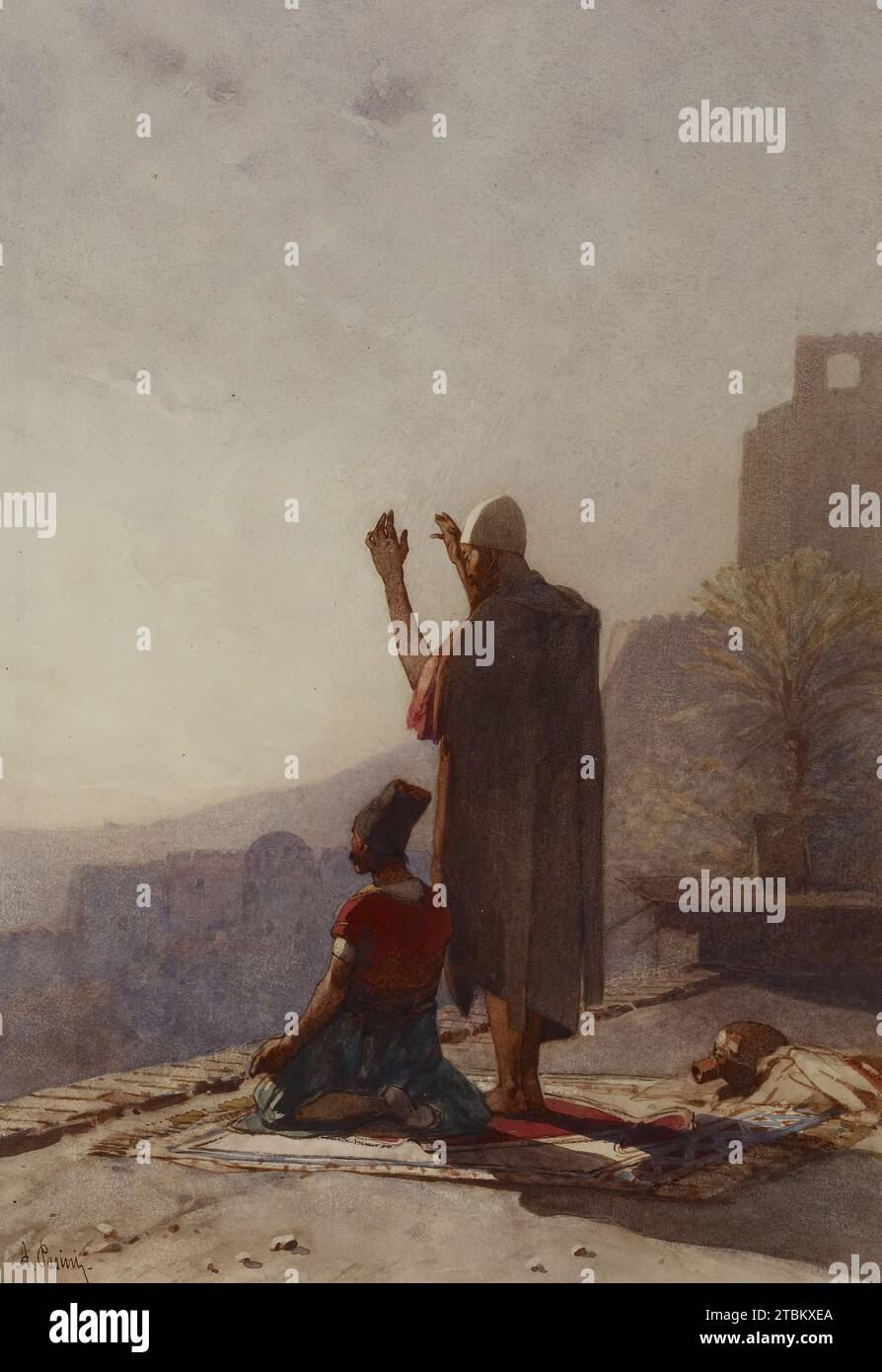 Muslime beim Gebet auf Housetop, 1867. Dieses Aquarell wurde 1867 von George Lucas im Auftrag von William T. Walters direkt beim Künstler bestellt. Stockfoto