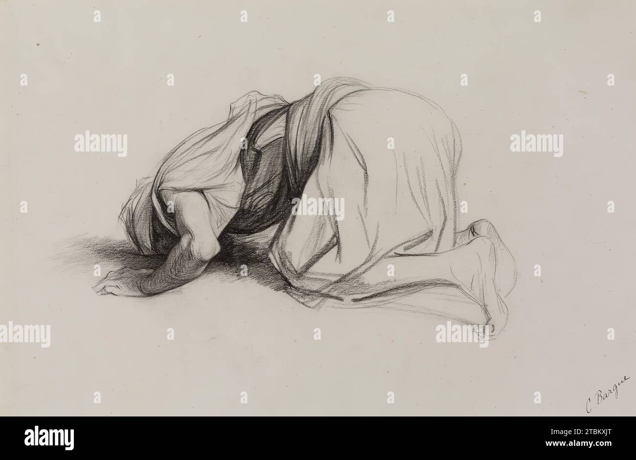 Moslem im Gebet, 1883. Dies kann eine Studie für ein verlorenes Gemälde oder eine Illustration sein, die nur als Grisaille (eine monochrome) mit dem Titel „Araber im Gebet“ bekannt ist und eine Gruppe von Männern zeigt, die von hinten gesehen im Inneren einer Moschee zu sehen sind. Dieses verlorene Werk ist auf Seite 305 von Gerald A. Ackermans neu veröffentlichter Version des Zeichenkurses wiedergegeben, den Bargue zusammen mit dem französischen akademischen Maler Jean-Léauf Gérôme zusammenstellte. Diese wurde in der zweiten Hälfte des 19. Jahrhunderts zur führenden Ressource für den Zeichentrickunterricht. Stockfoto