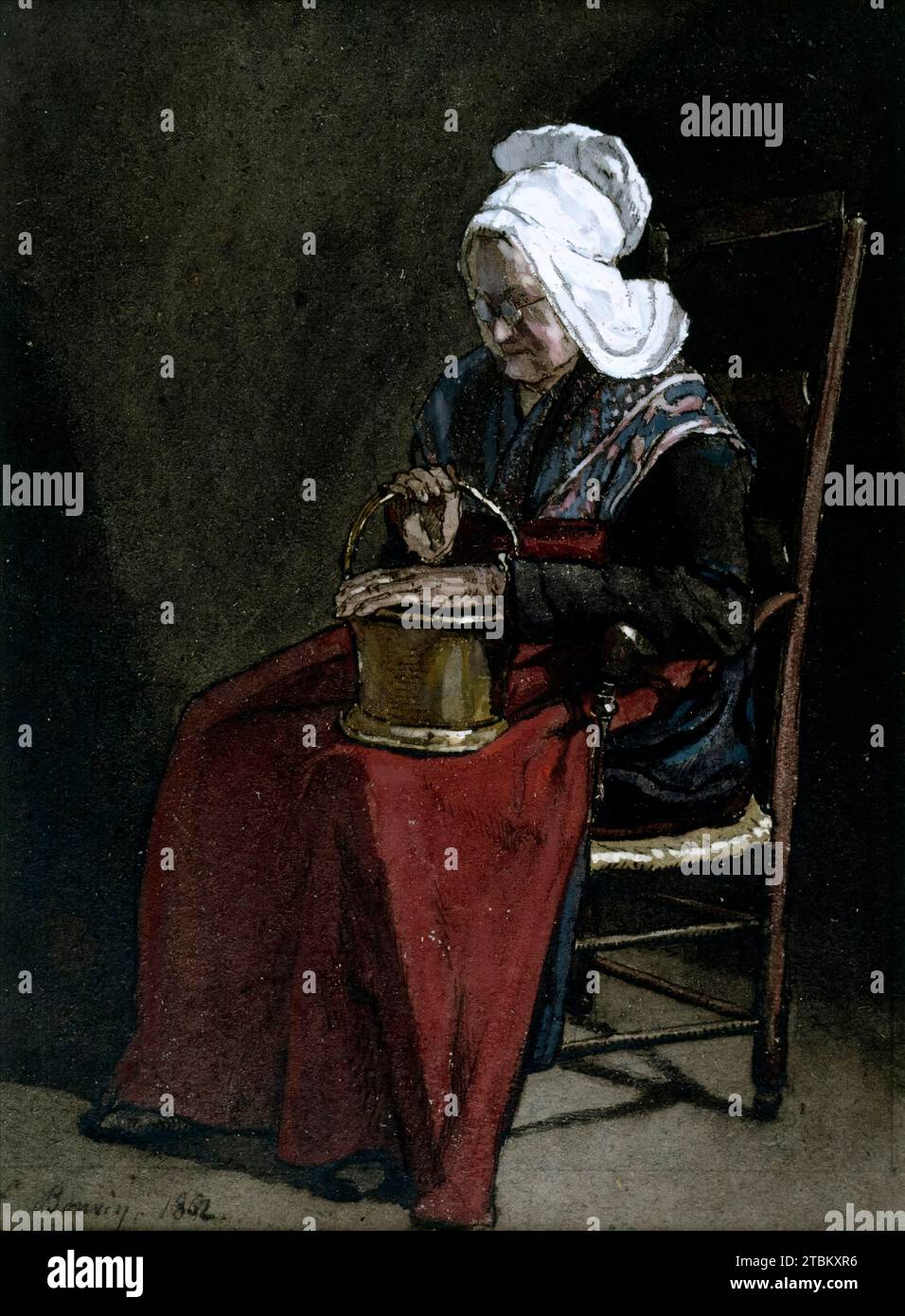 Alte Frau mit Copper Pot, 1862. Ob Malerei in Öl oder Aquarellen, Bonvin präsentierte häufig intime Ansichten von Einzelfiguren vor einem neutralen, inneren Hintergrund. Eine ältere Bauerin wird auf einem leiterrückseitigen Sessel dargestellt, der in einem leichten Winkel gedreht wird. Auf ihrem Schoß hält sie einen kupfernen Wärmetopf, auf dem sie ihre knorrigen Hände legt. Der Künstler hat seine gewohnte gedämpfte Palette verwendet, die auf Braun-, Grau-, Rot- und Schwarztöne mit kleinen Gelb- und Weißbereichen beschränkt ist. In diesem Fall bilden der intensiv weiße Kopfschmuck und ihr farbenfroher Schal einen scharfen Kontrast Stockfoto