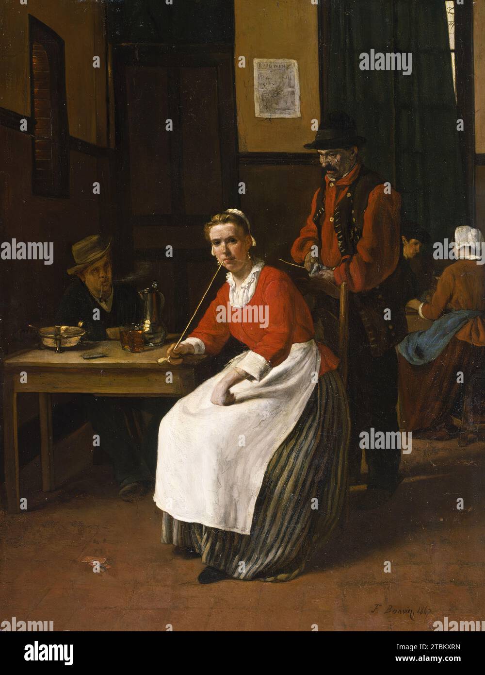Innenraum einer Taverne, 1867. Im Louvre bewunderte Bonvin die Genrebilder der niederländischen und französischen Meister des 17. Jahrhunderts und ließ sich auch von den Werken des kürzlich wiederentdeckten Jean-SIMéüber Chardin, dem französischen Stilleben- und Genremaler des 18. Jahrhunderts, inspirieren. Das Werk erinnert an die Kartenspieler, ein Gemälde des niederländischen Künstlers Pieter de Hooch. Das Plakat an der Wand im Hintergrund trägt den Titel GOODWIN, der sowohl eine Anspielung auf das gasthaus seiner Familie, Le Bon Vin, in Vaugirard am Stadtrand von Paris ist, als auch ein Theaterstück über den Nachnamen des Künstlers Bonvin oder „guter Wein“. Stockfoto