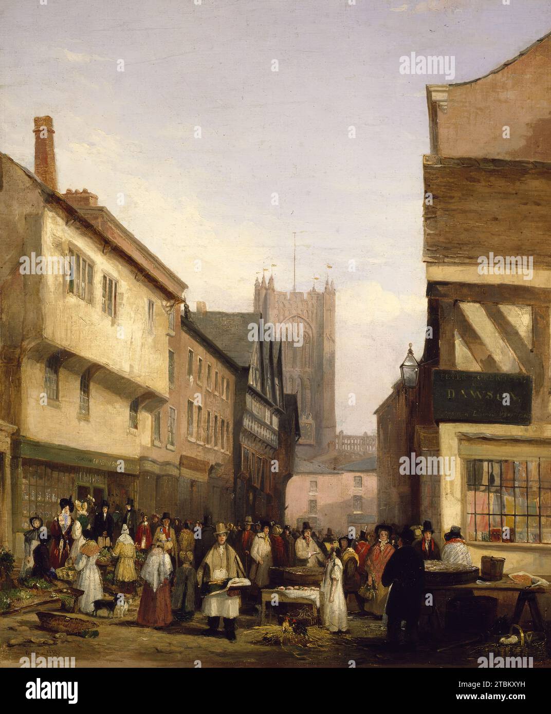 Marktszene, 1832. Blick auf ein Marktviertel von Manchester, bekannt als „Smithy Door“. Unzählige Einkäufer und Händler machen sich über Imbissstände. Die umliegenden Gebäude sind überwiegend aus Halbholz gebaut. In einem Geschäft auf der rechten Seite befindet sich ein Schild: PETER ECKERSLEY/Late/DAWSON/Importeure von Bettwäsche... Stockfoto