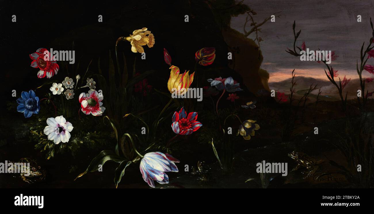 Blumen am Teich mit Fröschen, 1670-1679. Diese faszinierende Nahaufnahme von wunderschönen Blumen, Fröschen und Insekten wird aus dem niedrigen Blickwinkel eines eifrigen Naturforschers präsentiert, der im Unterholz am Rande einer Bergwiesen nach Exemplaren sucht. Der sachkundige Zuschauer würde sich jedoch freuen, zu erkennen, dass dies eine Fantasie ist. Tulpen waren teure, sorgfältig bearbeitete Blumen, die nur in gepflegten Gärten zu finden waren. Stockfoto