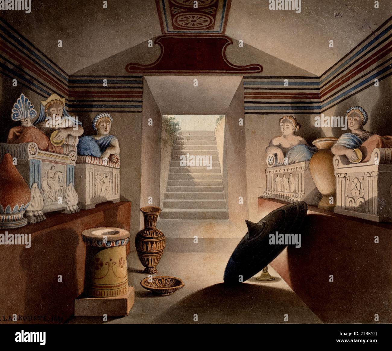 Blick auf ein etruskisches Grab, 1849. Der Charakter des etruskischen Grabes, der eine imaginäre Rekonstruktion sein könnte, die die früheren Zeichnungen als „Aide-mémoire“ verwendet, spiegelt ebenfalls Labroustes Interessen wider. Obwohl Labrouste keine der Wandgemälde enthält, die man in solchen Gräbern findet, betont er, wie die Grundform des Grabes und seine dekorativen Details – insbesondere der gestreifte Gefrierpunkt und der gemalte Sturz über der Tür – zusammenarbeiteten, um einen einheitlichen Raum zu schaffen. Die Platzierung der Sarkophage entlang der Wände und der Vasen und anderer Keramikgegenstände darunter Stockfoto