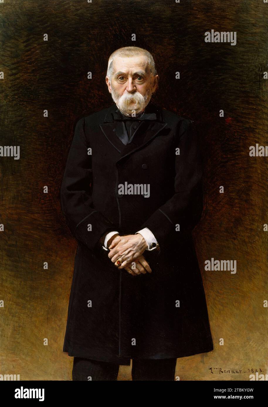 Porträt von William T. Walters, 1883. Bevor er 1854 nach Paris zog, studierte Bonnat in Madrid. Der krasse Realismus und die scharfen Kontraste in Licht und Schatten von Bonnats reifem Stil spiegeln den Einfluss des großen spanischen Meisters Diego Vel&#xe1;zquez aus dem 17. Jahrhundert wider. Bis in die späten 1870er Jahre spezialisierte sich Bonnat auf historische Themen und Szenen, die von einem Besuch im Heiligen Land und Ägypten mit J.-L. inspiriert wurden G&#xe9;r&#xf4;ME in 1868-1869. In den ersten Jahren der Dritten Republik Frankreich (1870–1940) gewann Bonnat jedoch eine internationale Anhängerschaft für seine dramatisch erleuchteten Porträts von St. Stockfoto