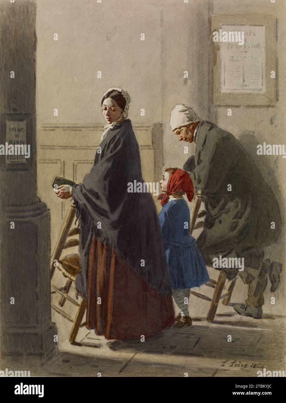 Mann, Frau und Mädchen im Gebet in der Kirche, 1864. Stockfoto