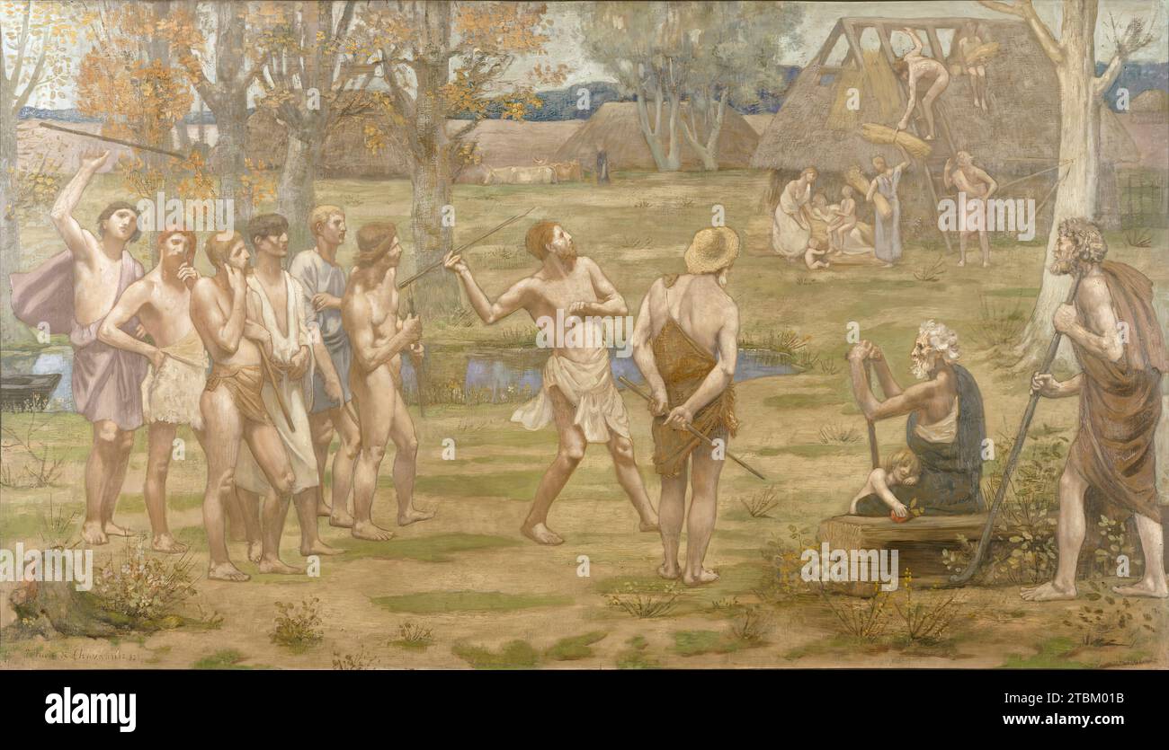 Ludus Pro Patria, 1883. Im späten 19. Jahrhundert war Puvis de Chavannes eine innovative und einflussreiche Figur, die in einem Stil arbeitete, der Aspekte der Romantik, des Akademismus und des Symbolismus kombinierte. Er war besonders bekannt und bewundert für seine Wandmalereien, die die Wände öffentlicher und religiöser Institutionen vom Panth&#xe9;on in Paris bis zur Boston Public Library schmückten. Stockfoto