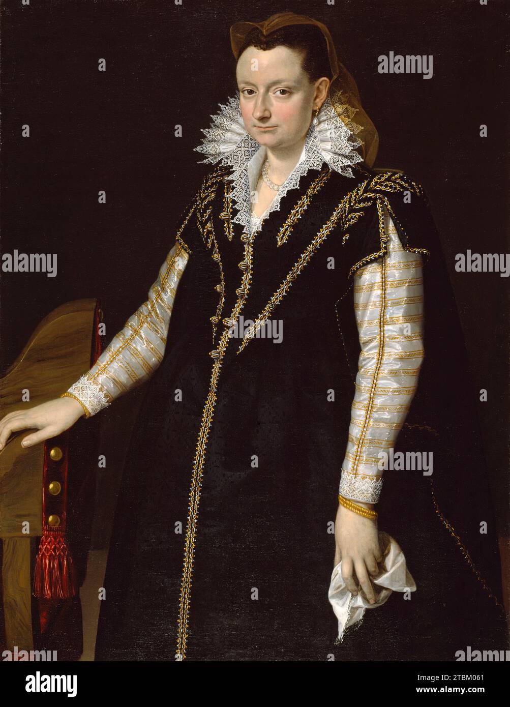 Porträt einer Dame, c1580-1589. Diese unidentifizierte Adlige legt ihre Hand auf ein Tasteninstrument, dessen Spiel für eine Frau als tugendhaft galt. Pulzone hat die Texturen ihres luxuriösen Kleides sorgfältig bis ins kleinste Detail veredelt, darunter die raffinierte Spitze ihrer Bündchen und ihres Kragens und die Stickerei des schwarzen Kleides. Stockfoto