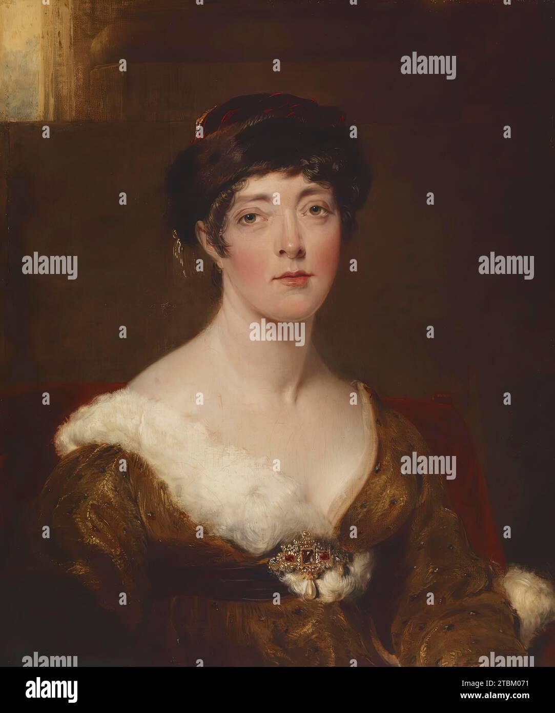 Die Marchioness von Sutherland, nach 1816. Die Gräfin trägt einen turbanbesetzten Pelzbesatz und ein goldgelbes Kleid mit Hermelin. An ihrem Mieder ist eine große Juwelenbrosche angebracht, an der eine barocke Perle aufgehängt ist. Stockfoto
