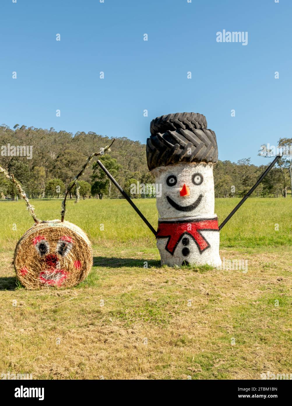 Maitland, NSW, Australien. Dezember 2021 Weihnachtsausstellung mit Heuballenkunst an einer Autobahn. Gemalte Heuballen zur Feier der Weihnachtszeit. Stockfoto