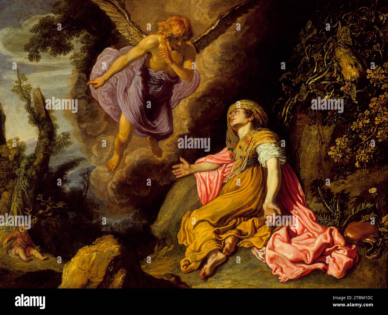 Ein Engel erscheint und offenbart Hagar einen Brunnen mit Wasser (1. Mose 21:14-21)&#xa0;, 1614. Stockfoto