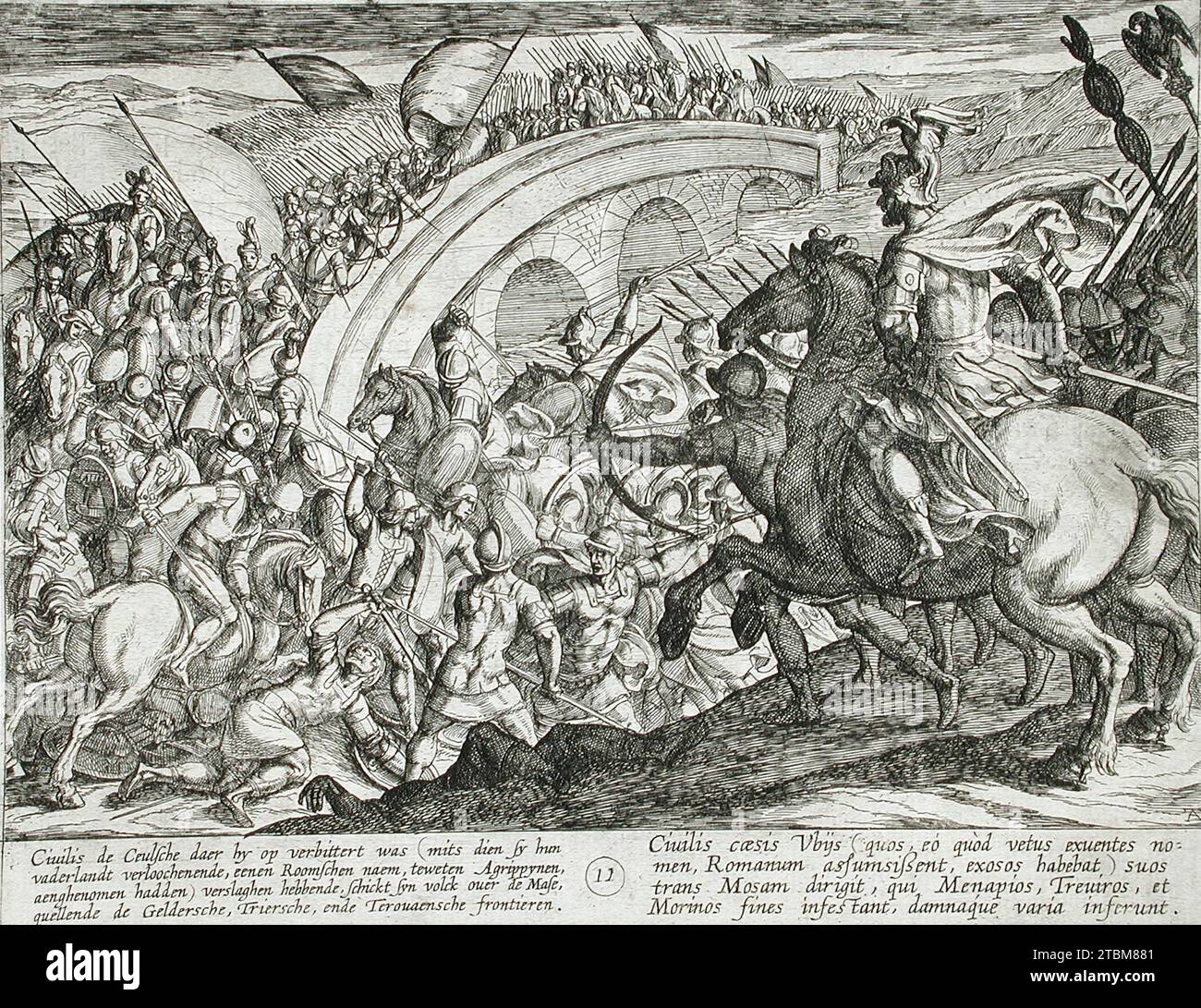 Civilis' Truppen überquerten den Maas-Fluss, veröffentlicht 1612. Serie: Der Krieg der Römer gegen die Batavier, pl. 11. Stockfoto