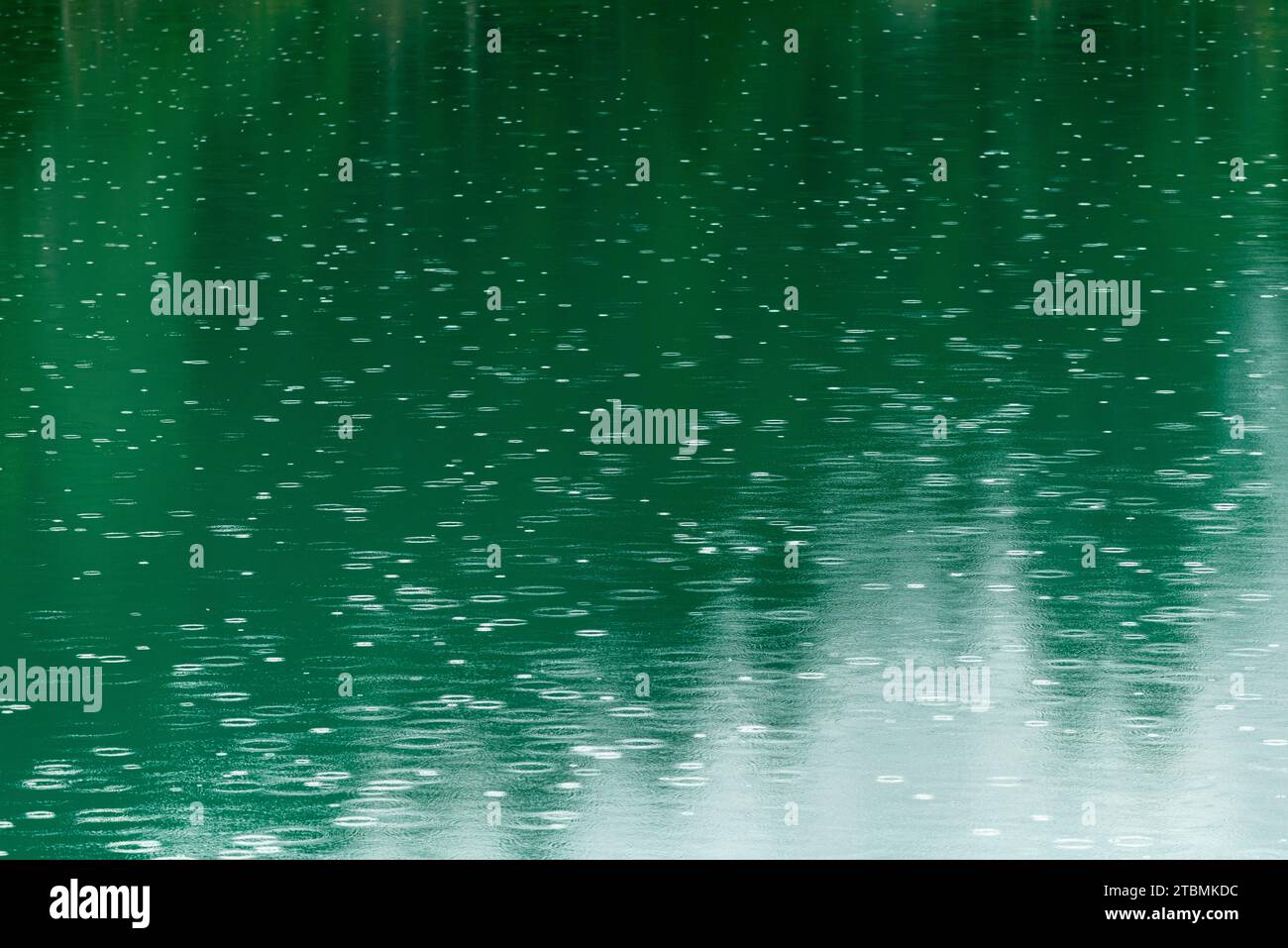 Regentropfen auf smaragdgrünem Stausee, Stillup Stausee, Stilluptal, Mayrhofen, Hochgebirge Naturpark Zillertaler Alpen, Lichtreflexe Stockfoto