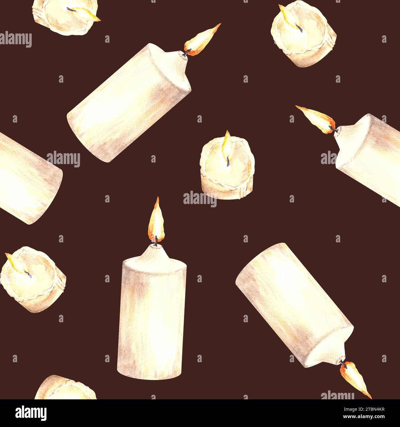 Nahtloses Aquarellmuster brennender, beigefarbener Wachskerzen mit Kerzendocht. Handgezeichnete Abbildung. Romantisches Clipart bei Kerzenschein als Geschenk Stockfoto