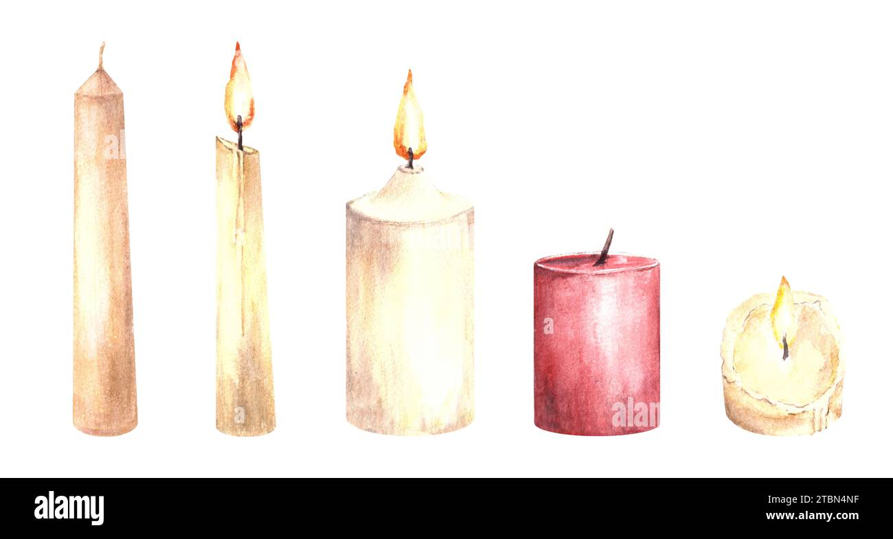 Aquarellset brennende und gelöschte rote Wachskerzen mit weißem Ende und handgezeichneter Illustration. Kerzenlicht Clipart für Karten, Innenräume Stockfoto