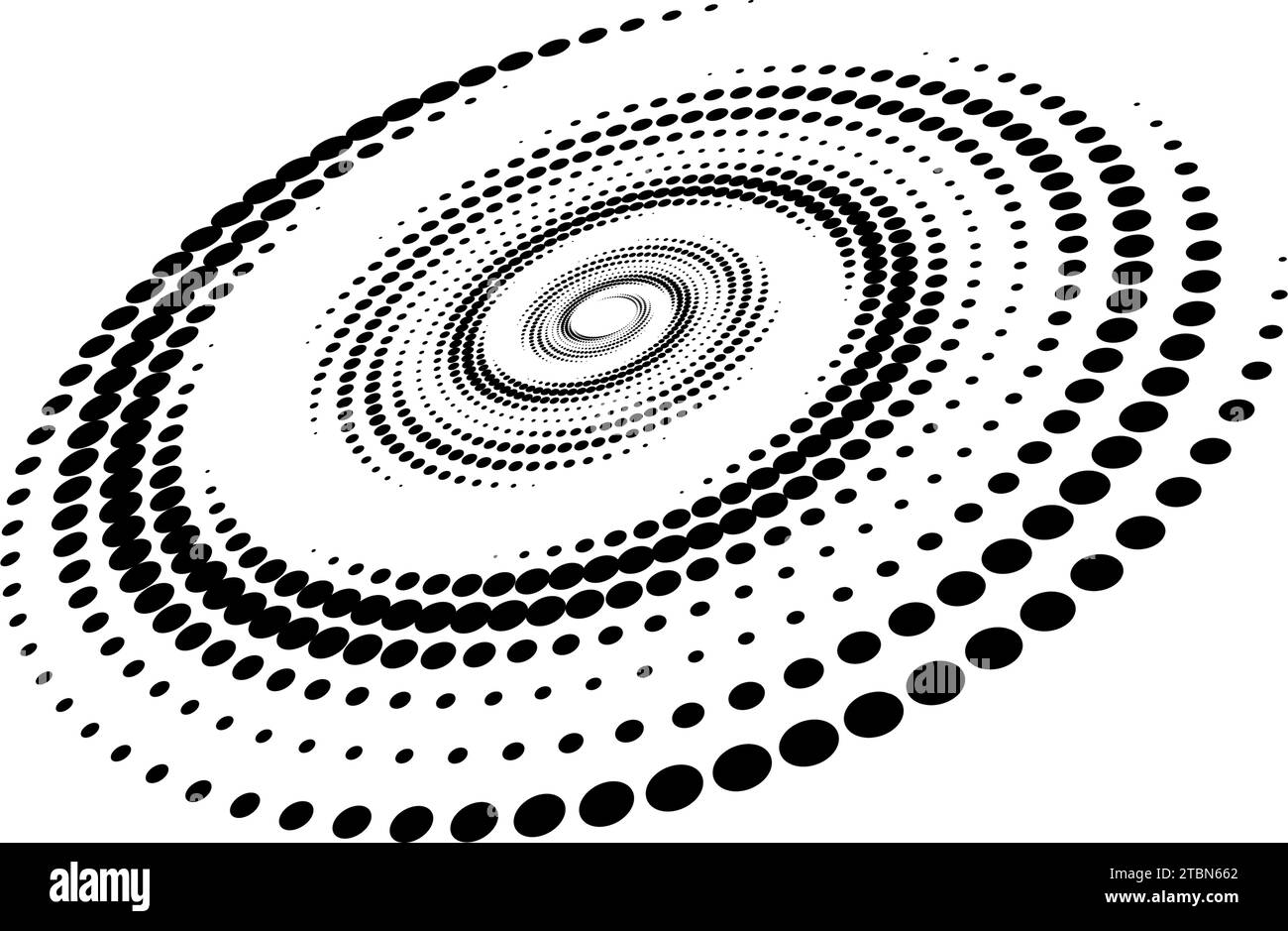 Spiralförmiges gepunktetes Linienelement. Radiale, drehbare Halbtonstruktur. Kreiswirbelpunkte werden perspektivisch geformt. Schwarzer abstrakter Hintergrund für Poster, Banner, Logo, Symbol, Collage, Präsentation, Emblem. Vektor Stock Vektor