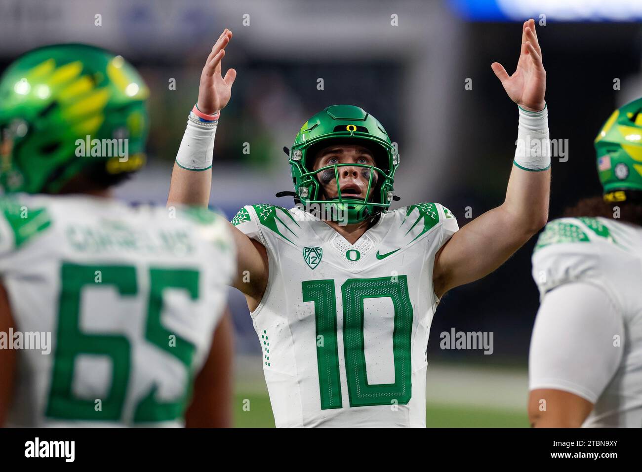 Der Oregon Ducks Quarterback Bo Nix (10) reagiert während des Pac-12 Championship-Spiels gegen die Washington Huskies am Freitag, den 1. Dezember 2023, in Allegiant Stockfoto