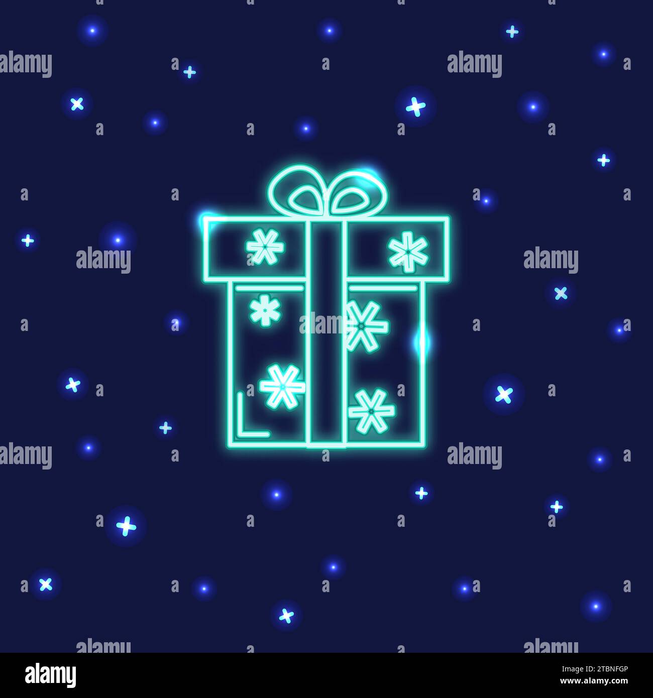 Neon-Geschenkbox-Symbol im Linienstil. Glänzende Geschenkbox mit Schneeflocken auf dunklem Hintergrund. Stock Vektor