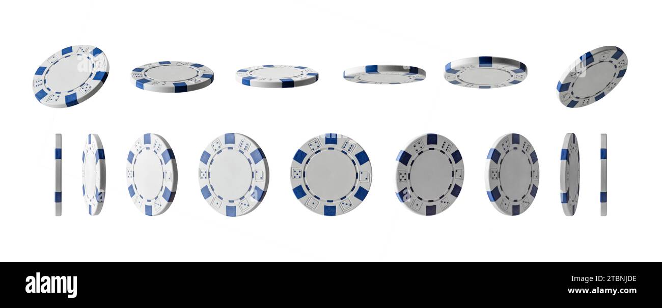 Verschiedene Ansichten von weißen Glücksspielchips für Wetten isoliert auf weißem Hintergrund. Stockfoto