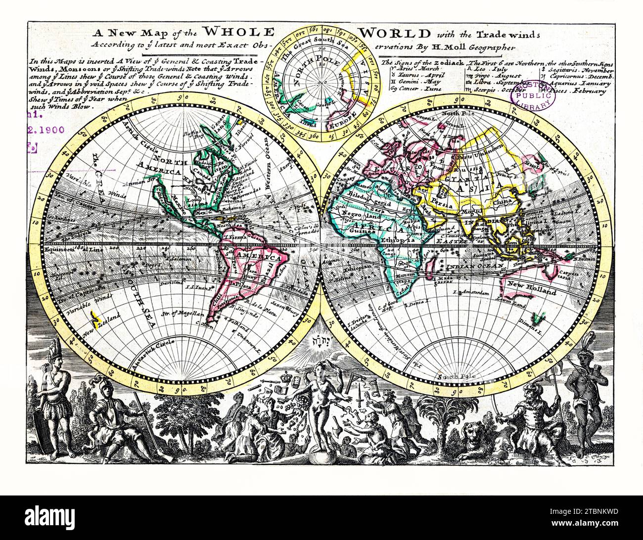 Eine neue Karte der ganzen Welt mit den Passatwinden nach Ihren neuesten und genauesten Beobachtungen. Stockfoto