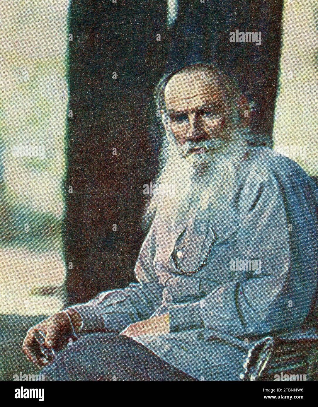 Die Farbfotografie von Lew Nikolajewitsch Tolstoi (russisch Лев Николаевич Толстой; 9. September [O. S. 28. August] 1828 – 20. November [O. S. 7. November] 1910), in englischer Sprache als Leo Tolstoi bezeichnet, war ein russischer Schriftsteller von Sergej Prokudin-Gorski. Alte Vintage-Postkarte des Russischen Reiches, 23. Mai 1908. Details. Stockfoto
