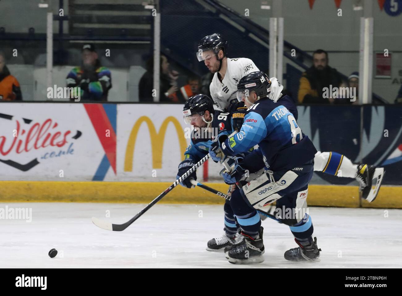 NIHL Eishockey Play-off Halbfinale zwischen Sheffield Steeldogs (blaue Shirts) und London Raiders (weiße Shirts) am 15. April 2023 Stockfoto