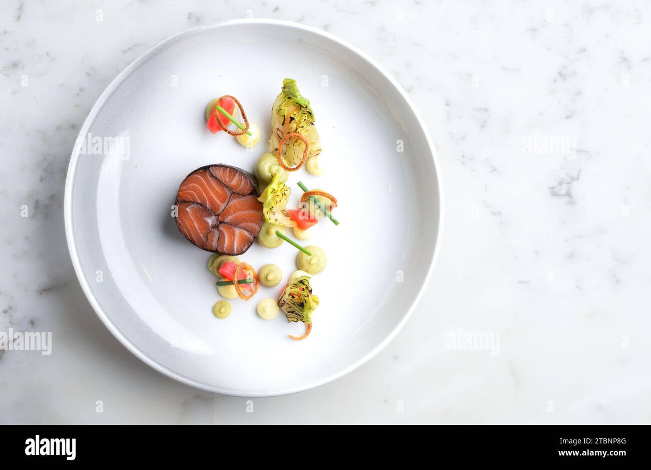 Lachsbrötchen auf einem weißen Gericht und weißem Hintergrund Stockfoto Lachsbrötchen auf einem weißen Gericht und weißem Hintergrund Stockfoto
