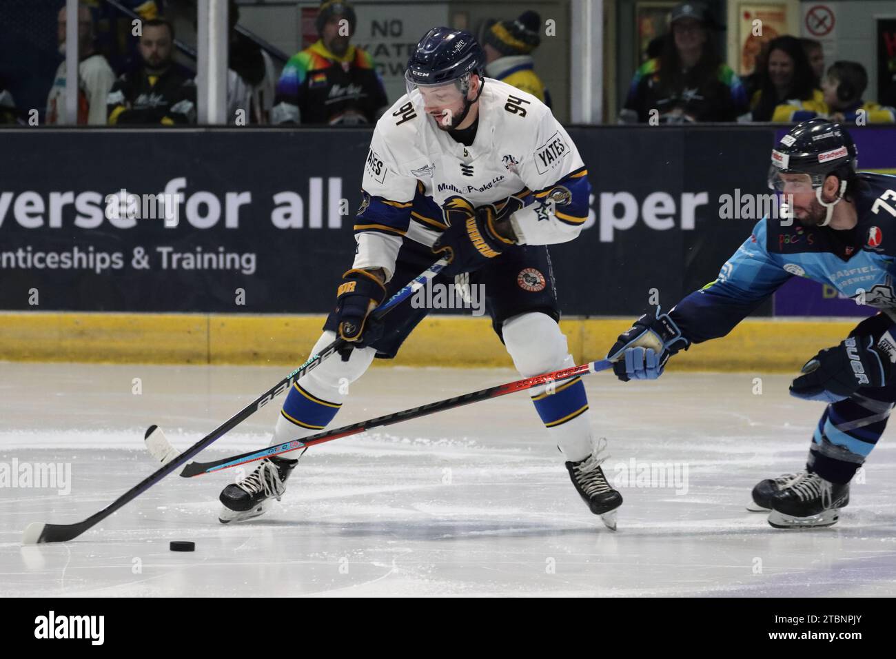 NIHL Eishockey Play-off Halbfinale zwischen Sheffield Steeldogs (blaue Shirts) und London Raiders (weiße Shirts) am 15. April 2023 Stockfoto