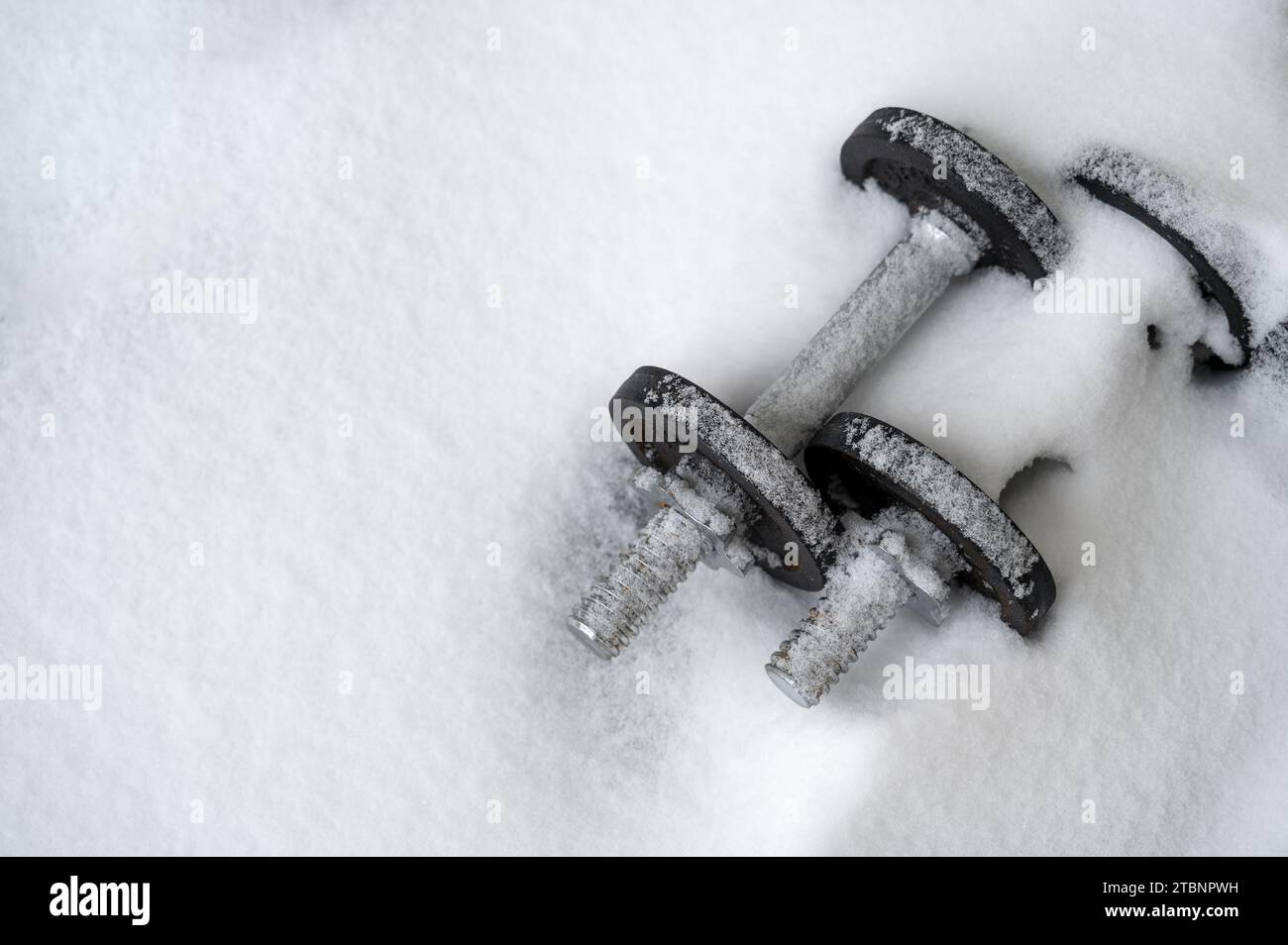Sport im Winter Konzept. Kleine rostige Kurzhanteln, die von Schnee bedeckt sind. Verringerte Aktivität, Faulheit Stockfoto
