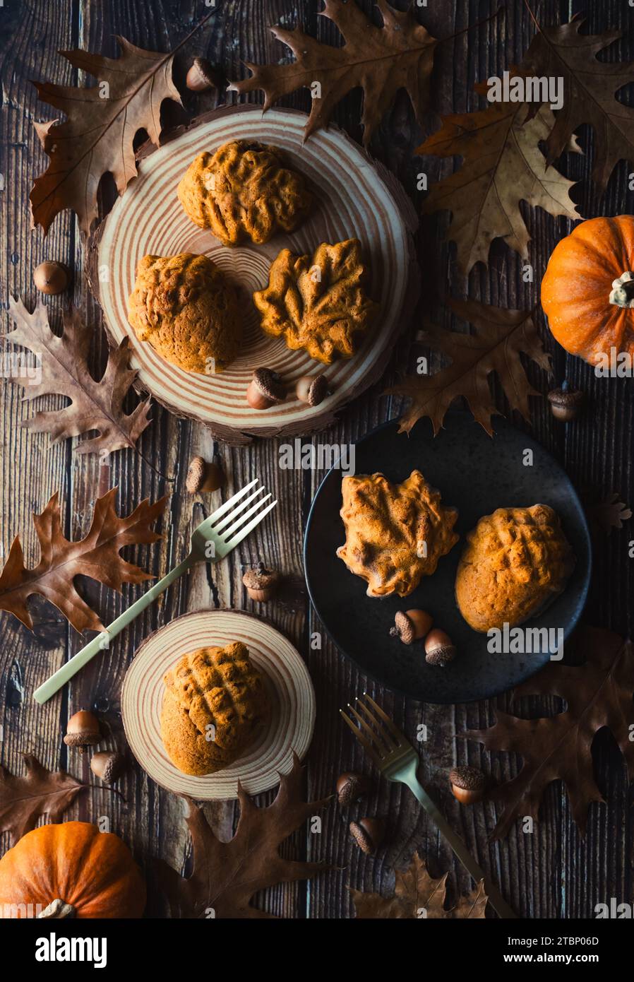 Über dem Kopf herbstlicher Kürbis-Gewürz-Muffins mit Blättern. Stockfoto