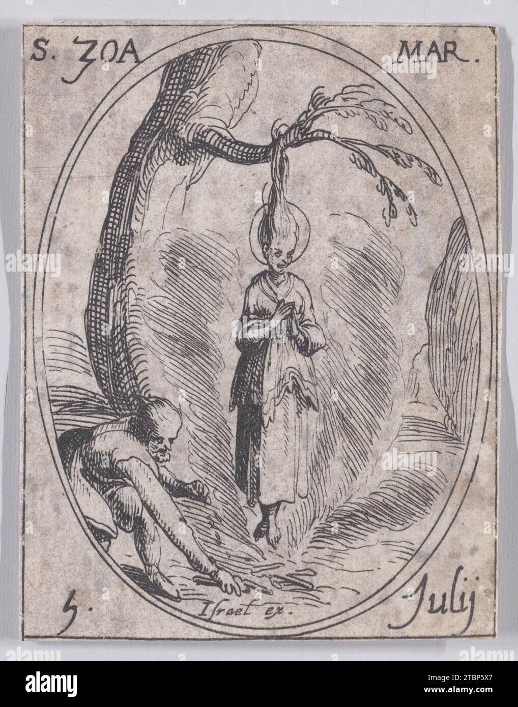 Ste. Zoe, martyre (St. Zoe, Martyr), 5. Juli, aus „Les Images de Tous Les Saincts et Saintes de L'Annee“ (Bilder aller Heiligen und religiöse Ereignisse des Jahres) 1917 von Israel Henriet Stockfoto